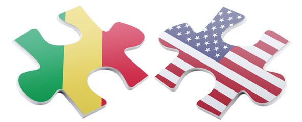 Two puzzle pieces, one depicting the Congo flag with green, yellow, and red and the other the USA...