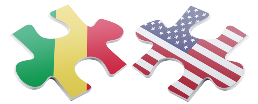 Two puzzle pieces, one depicting the Congo flag with green, yellow, and red and the other the USA flag featuring the iconic stars and stripes, isolated on a black background.