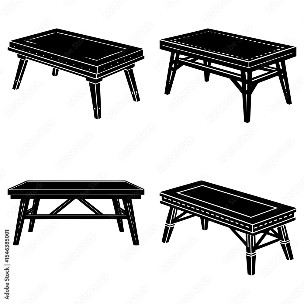 Aufkleber four different perspective drawings of rectangular tables in black and white style on a white backgr
