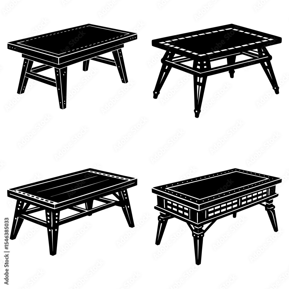 Poster four different styles of rectangular coffee tables with various leg designs in black and white illus