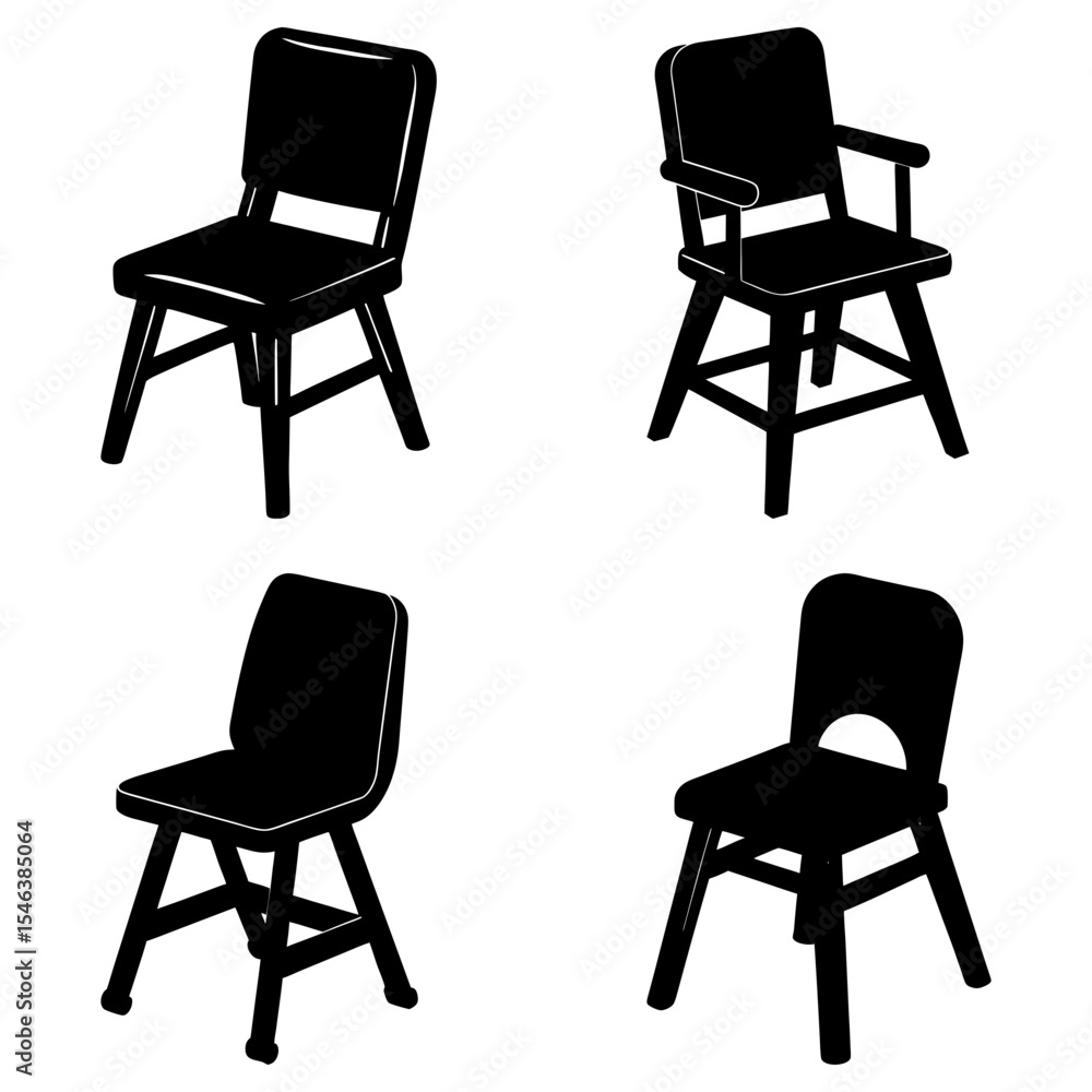 Poster four black silhouette chairs with different designs arranged in a square pattern on a white backgrou