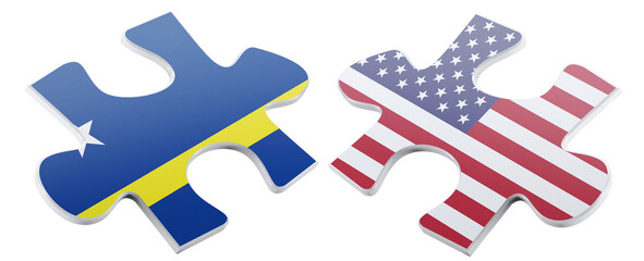 Two jigsaw puzzle pieces, symbolizing international connections, feature the flag of Curacao...