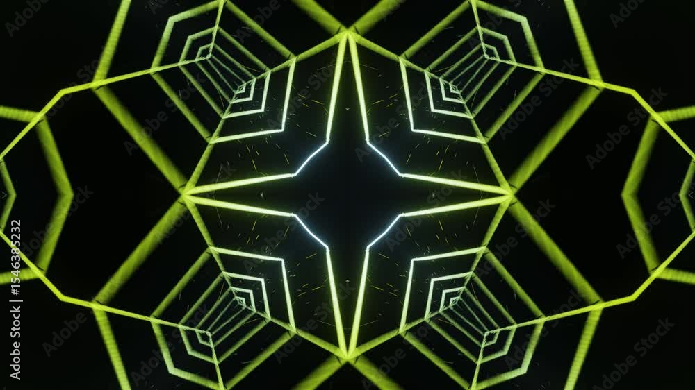 Poster neon kaleidoscope motion loop on black canvas. abstract seamless loop of glowing neon lines with kal