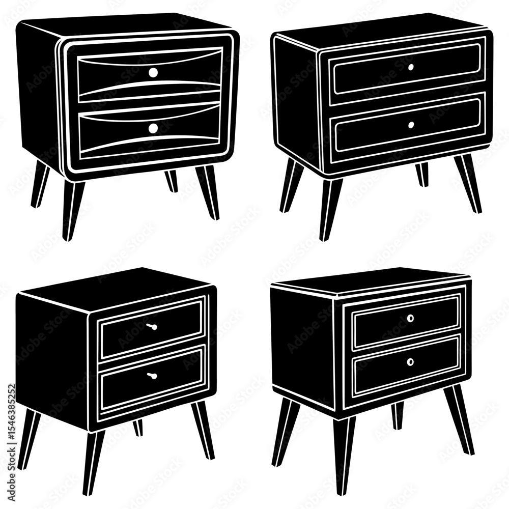 Aufkleber four black nightstands with two drawers each are arranged in a square pattern on a white background