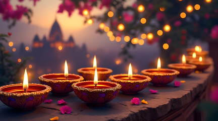 Illuminated diya lamps at sunset with temple and fairy lights in background