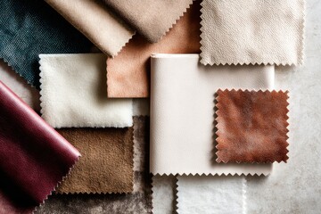A collection of assorted folded textile samples in neutral colors, showcasing a variety of different colored leathers.