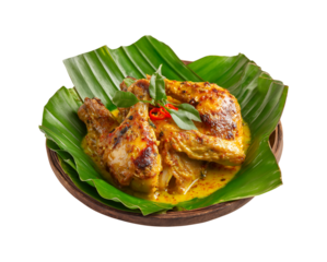 chicken curry with coconut milk and spices is served on a banana leaf plate, isolated on a white background.