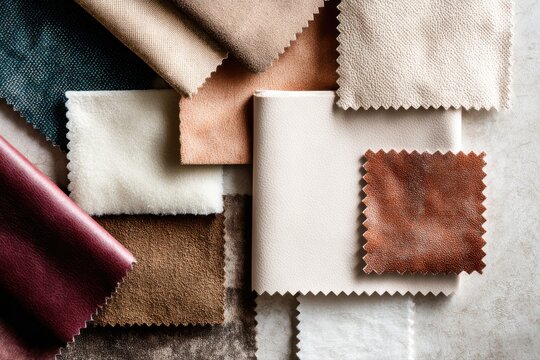 A collection of assorted folded textile samples in neutral colors, showcasing a variety of different colored leathers. - Powered by Adobe