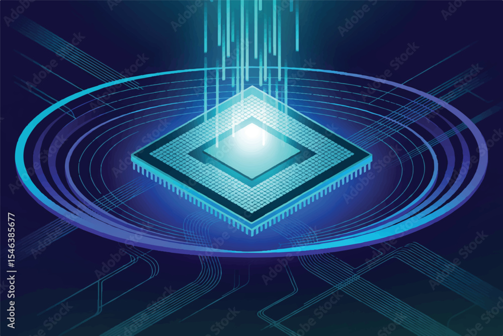 Poster digital illustration of a glowing microchip with data streams