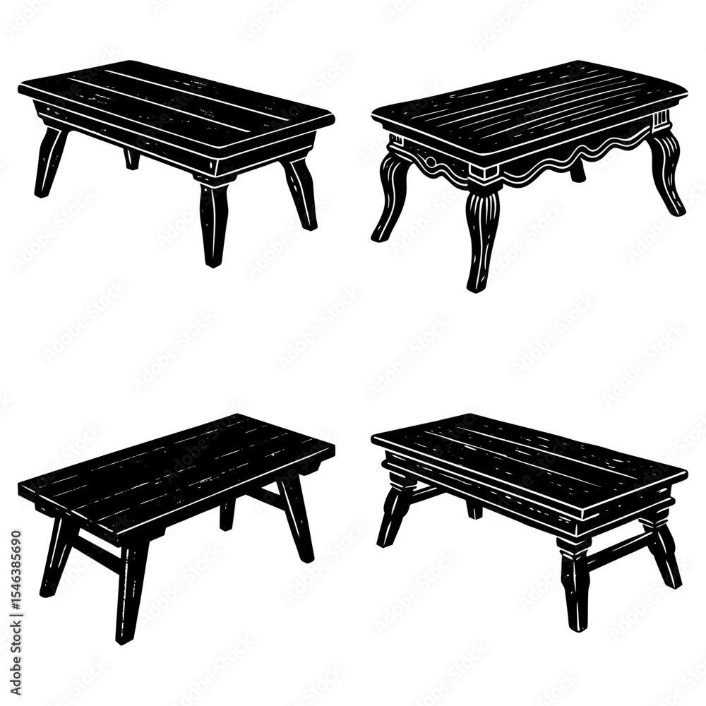Poster four black and white illustrations showcasing different styles of low rectangular coffee tables on a