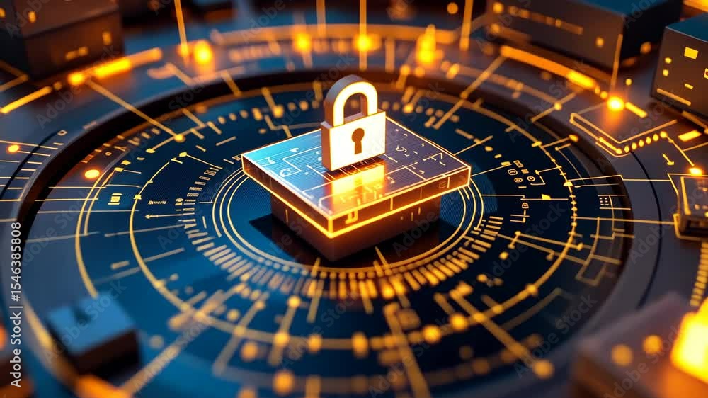 Poster cyber security: digital padlock on circuit board for data protection.