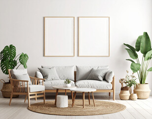 Bright living room with natural light, wooden furniture, and tropical plants
