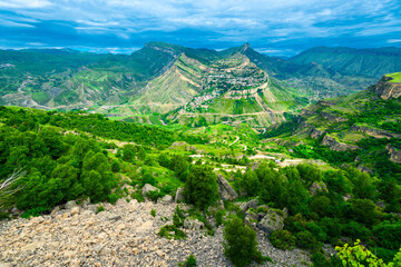 Mountain landscape of the picturesque mountain village of Gunib. Dagestan