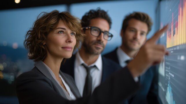 Focused team of analysts review charts and data visualization dashboards for business strategy in a modern office at night with city lights in the background