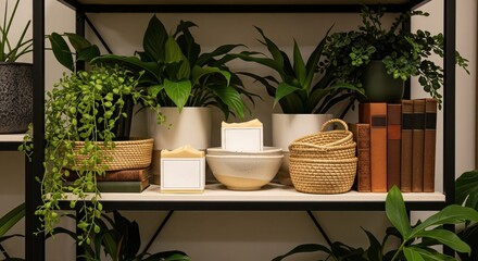 Indoor shelf with potted plants, woven baskets, soap bars, and books