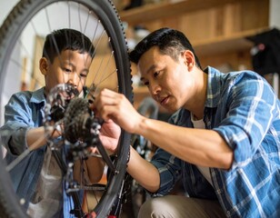 Father and son bonding while repairing bicycle wheel in garage workshop environment