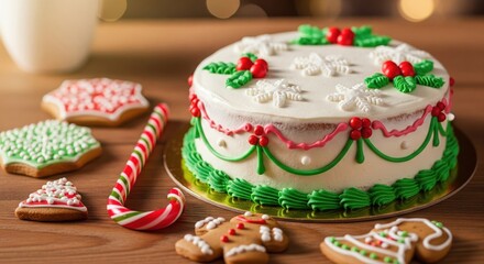 Christmas cake with holiday cookies and candy cane on wooden table