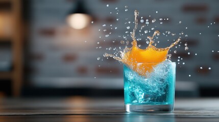 An energizing splash of orange juice bursts dramatically in a vibrant glass, capturing the essence of freshness and excitement in beverage presentation.