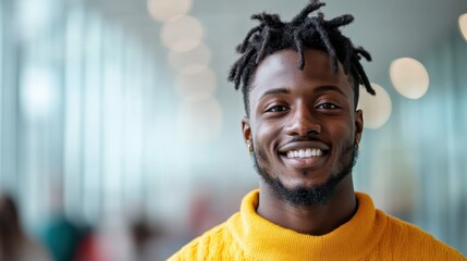 Naklejka premium A confident young man wearing a bright yellow sweater smiles warmly, encapsulating positivity and charm, perfect for illustrating themes of happiness and self-assuredness.