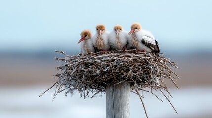 This charming image showcases four fluffy baby storks nestled closely together in their nest, highlighting themes of nurturing and the beauty of new life in nature.