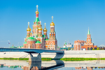 Picturesque Cathedral of the Annunciation of the Blessed Virgin Mary in Yoshkar-Ola on the river embankment. Russia