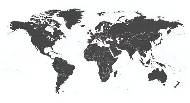 Dark Gray World Map on White Background Showing Continents