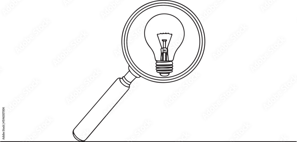 Poster continuous single line drawing of a magnifying glass focusing on a light bulb symbolizing discovery 