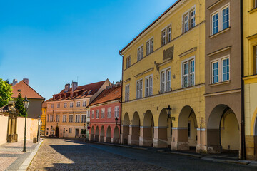 A view down a street leading to the center of the castle complex in Prague in springtime