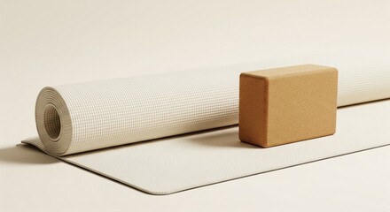 Rolled beige yoga mat with cork yoga block on neutral background