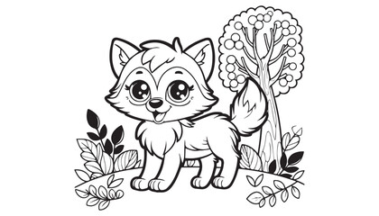 Vector illustration of cartoon fox black and white drawing For children to learn to color according to the picture.
