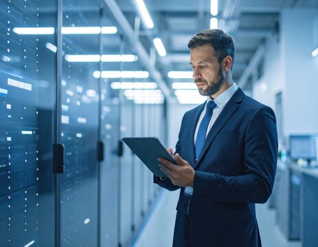 Professional Business Person Reviewing Data on Tablet in Server Room Environment