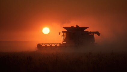 Fototapeta premium Majestic Sunset Silhouette Of A Modern Combine Harvester Working Tirelessly In A Vast Golden Wheat Field During The Harvest Season