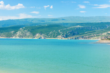 Beautiful landscape of the mountain Chirkey reservoir with azure water of the North Caucasus of Dagestan. Russia