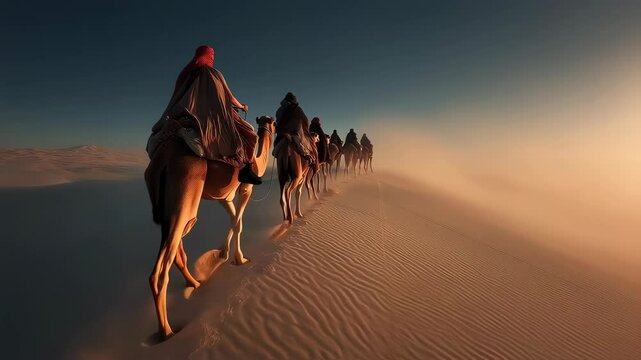 Desert caravan with camels walking on sand dune during sunset. Tourists riding dromedary in Sahara. Adventure travel concept. Middle eastern traditional tourism.