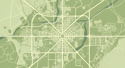 Fototapeta premium Detailed City Map in Light Green Tone with Grid Pattern and Rivers