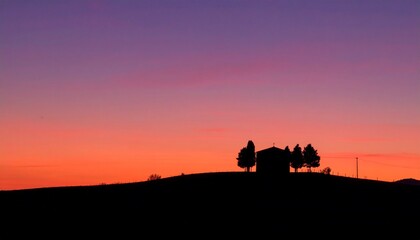 Naklejka premium Minimal land silhouette beneath a luxurious dusk sky—gradients of magenta, copper, and mauve melting into darkness. 