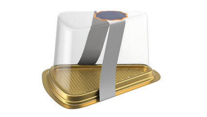A transparent food container with a golden base and a gray strap for secure closure.