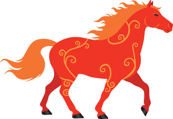 2026 Red fire horse. Vector illustration of the red fire horse symbol of 2026 with patterns. Chinese zodiac. For calendars, t-shirt prints, postcards, holiday decorations, web design, new year