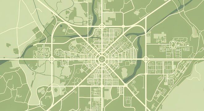 Detailed City Map in Light Green Tone with Grid Pattern and Rivers