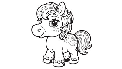 Vector illustration of cartoon horse black and white drawing For children to learn to color according to the picture.
