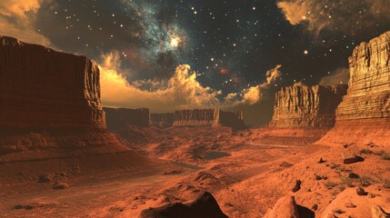 Alien desert landscape under a starry sky