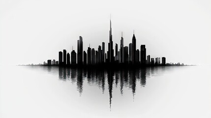 Naklejka premium Silhouette of a modern city reflected in water.