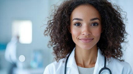 A confident young female doctor smiles warmly, presenting a professional demeanor in a clinical environment, ideal for promoting healthcare and medical services.