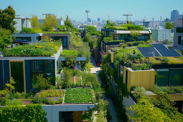Obraz premium Sustainable urban development: green roofs and solar panels in modern cityscape