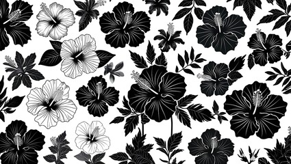 Monochrome Floral Illustrations - Exotic Bloom and Leaf Graphics