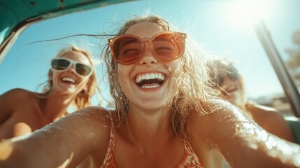 Three joyful friends are captured in a candid moment, embracing a sunny day at the beach with laughter and splashes, reflecting the essence of friendship and summer fun.