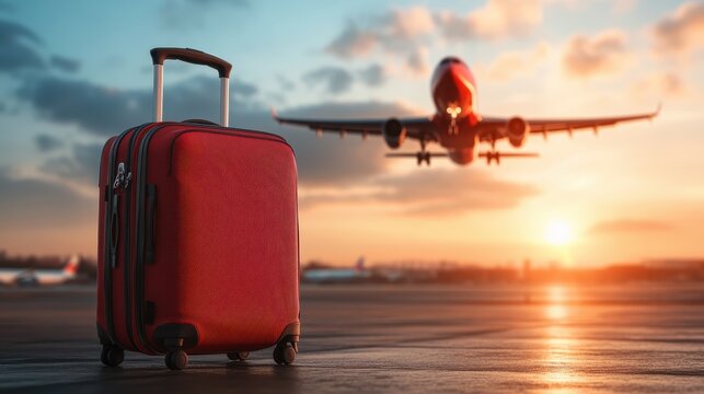 A bright red suitcase stands against the backdrop of an airplane taking off at sunset, symbolizing adventure, travel, and new beginnings.