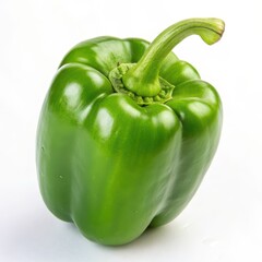 Whole green bell pepper with glossy skin and stem, isolated on white background, ideal for cooking, salad, and healthy eating.