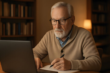 Elderly man working on laptop at home in evening light