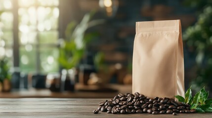 A bag of coffee beans surrounded by scattered beans on a rustic wooden table, symbolizing the rich aroma and flavor of fresh coffee, perfect for coffee lovers and enthusiasts.